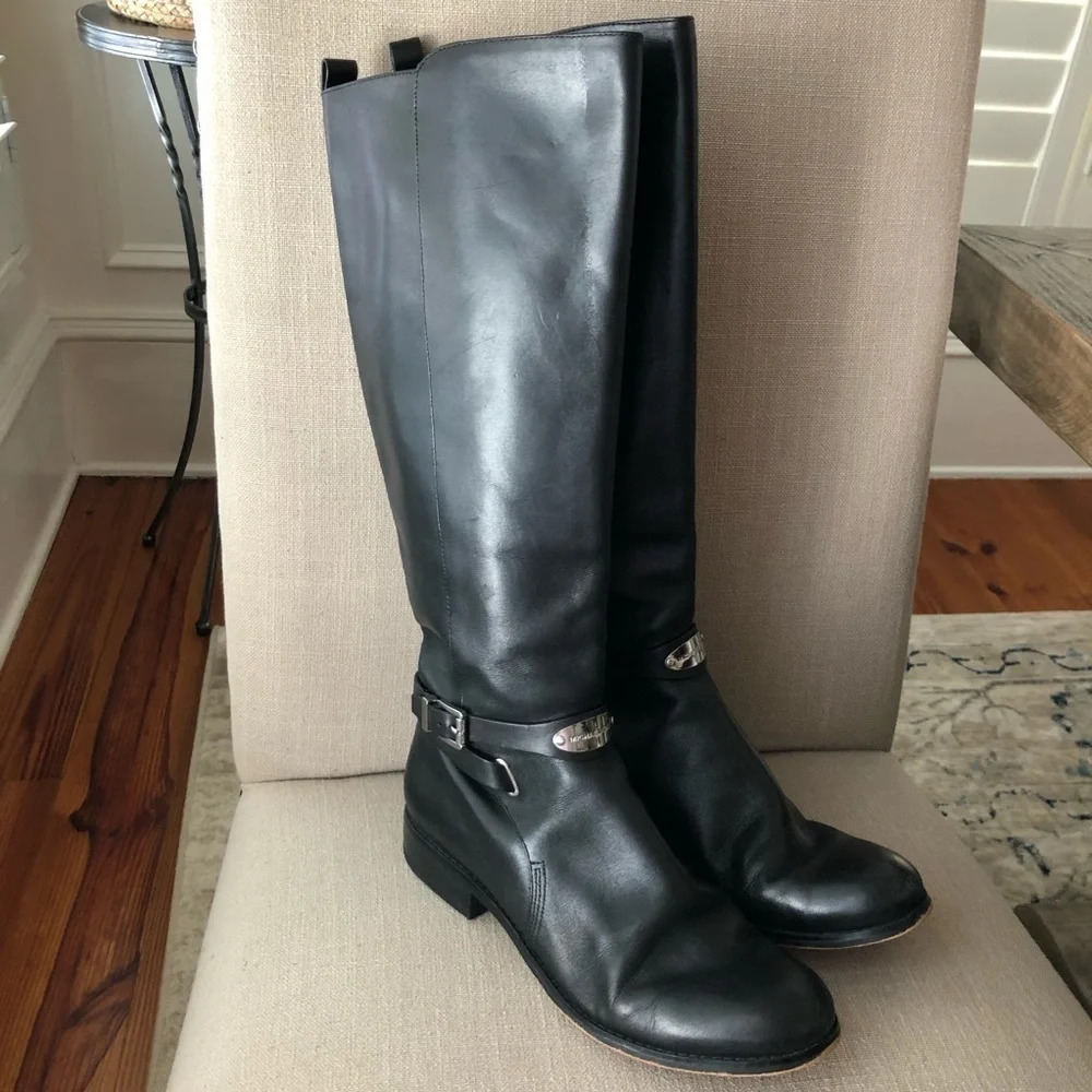 Michael Kors MK Arley Black Leather Tall Riding Boots Silver 9.5 M Equestrian